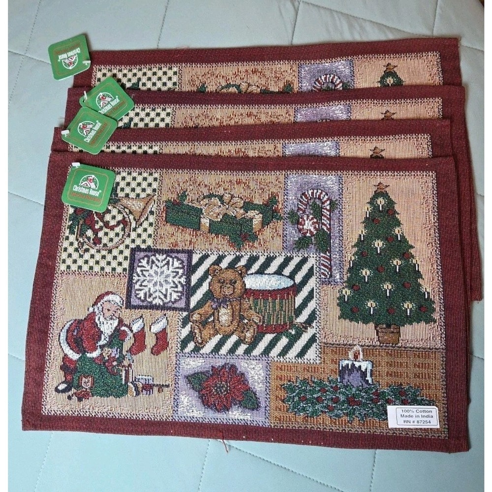 Lot of 4 Christmas House Placemats Woven Tapestry‎ Santa Gift French Horn